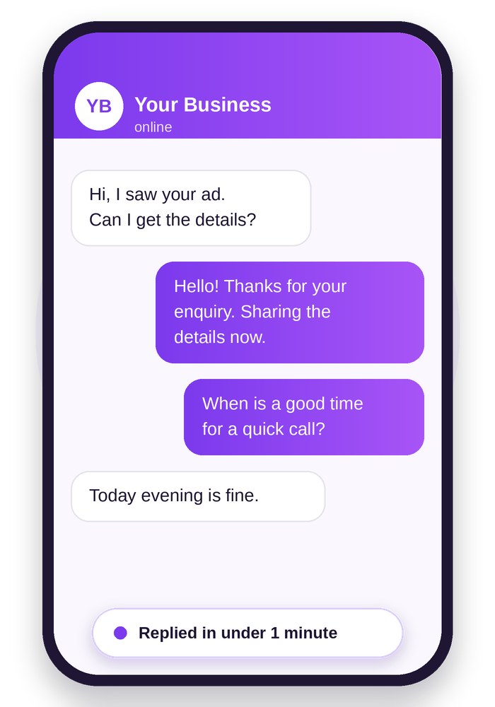 WhatsApp chat showing an instant reply to a customer enquiry